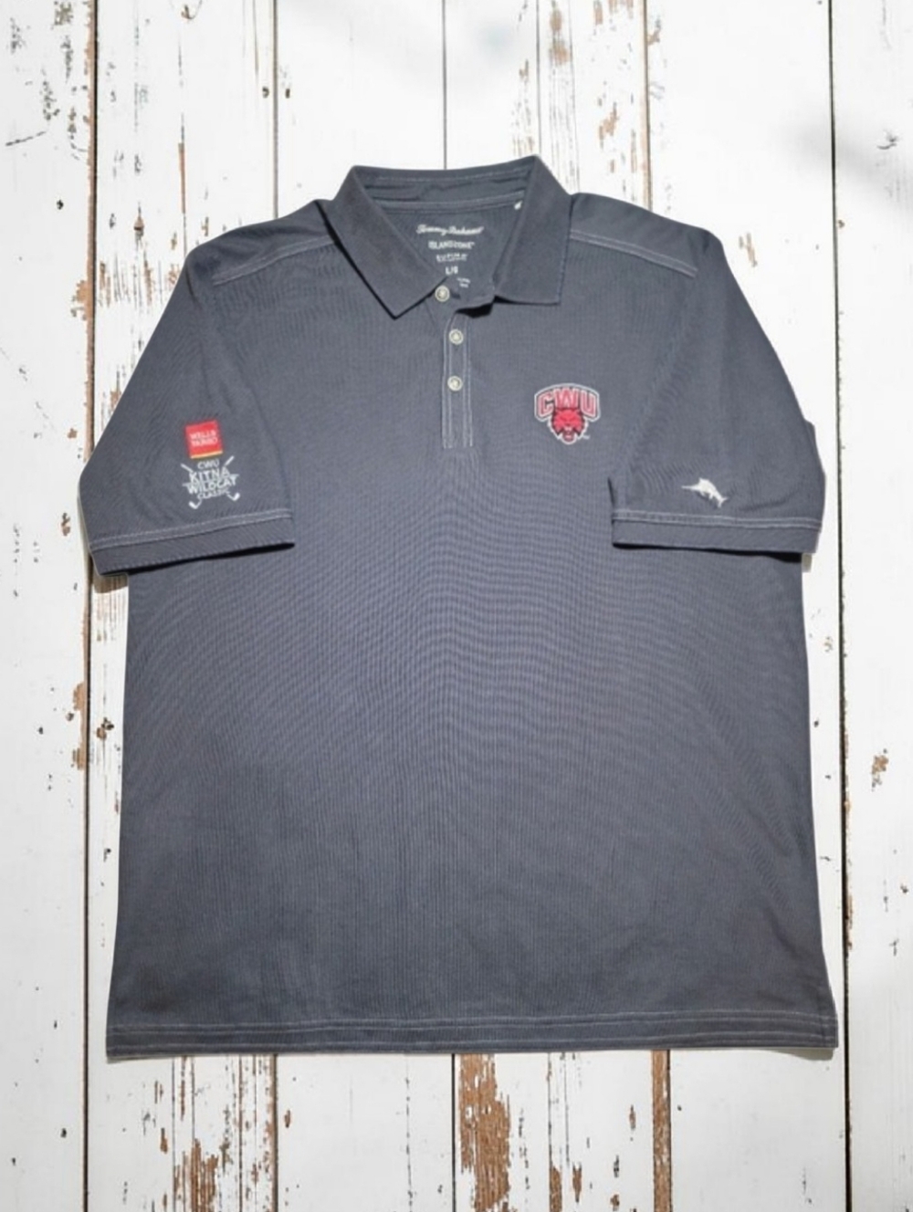 Tommy Bahama IslandZone Polo Grey Size L CWU Wildcats Logo Like New